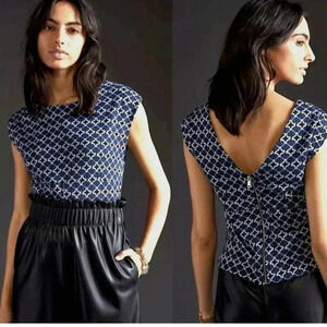 2/$30 ANTHROPOLOGIE Maeve Size XS Navy Print Sleeveless Top Business Party